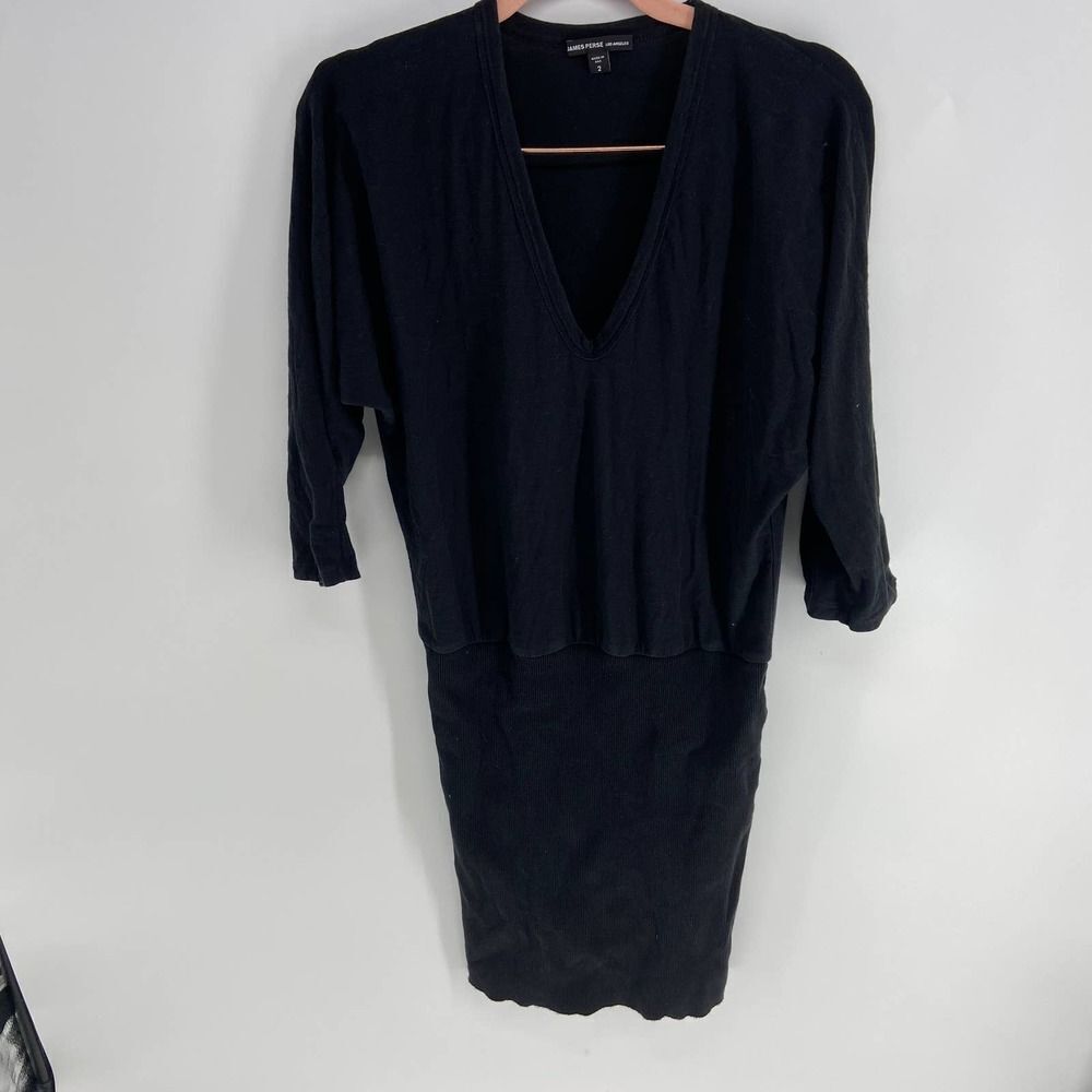 James Perse Black V Neck 3/4 sleeve dress knit ribbed skirt womens 2 M